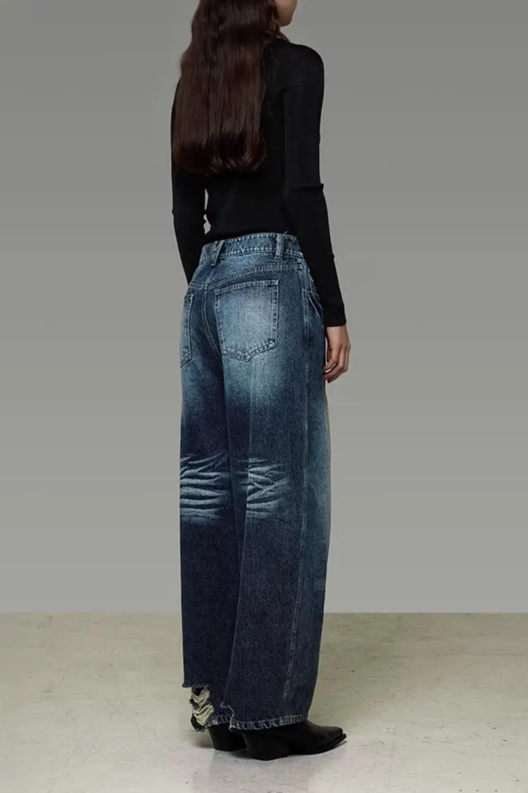Women's Washed Denim Wide-Leg Pants