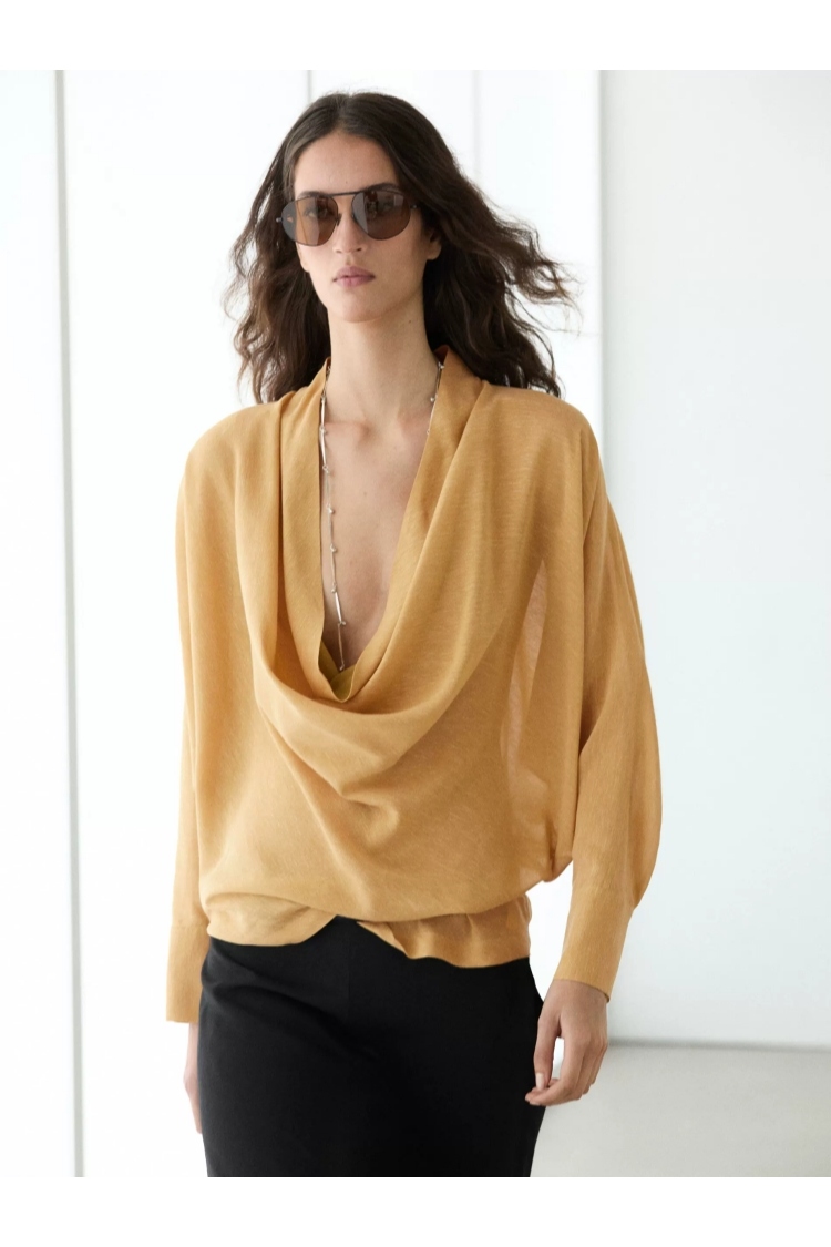 Kvinnors linne draperad cowl-neck långärmad blus